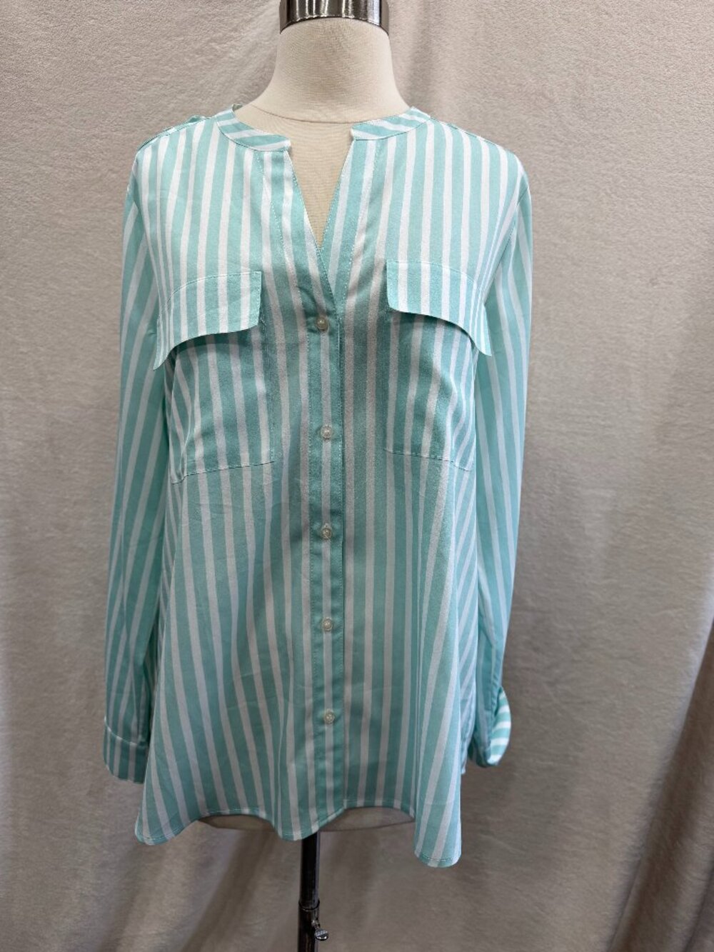 Calvin Klein Striped Blouse Mint Green White Button Front Top Women’s L